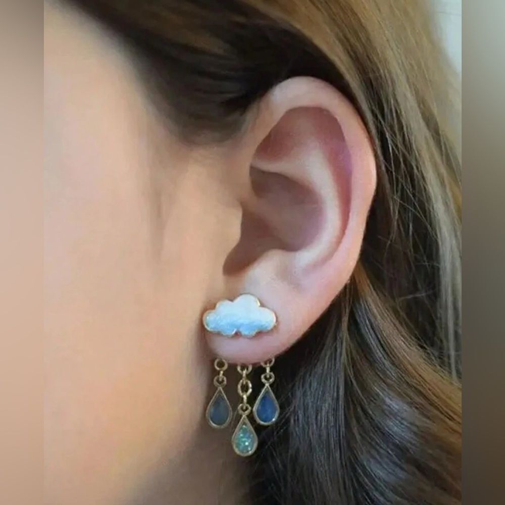 Free People White Cloud Drop Earrings with Blue and Opal Teardrops